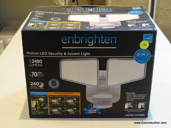 (R1) ENBRIGHTEN MOTION LED SECURITY AND ACCENT LIGHT. IS IN BOX. MUST BE HARDWIRED. ITEM IS SOLD AS