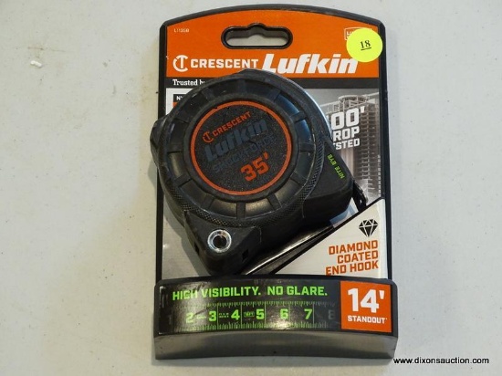 (R1) LUFKIN CRESCENT 35 FT TAPE MEASURE. HAS PACKAGING. IS 100 FT DROP TESTED AND HAS A DIAMOND
