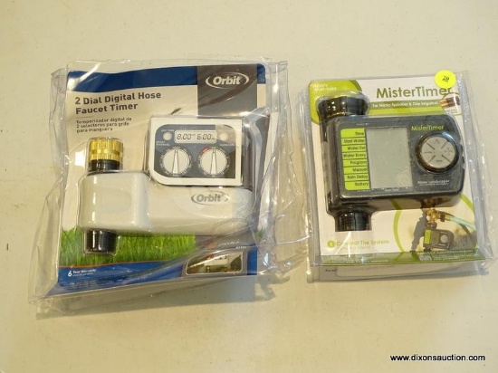 (R1) LOT OF 2 WATER HOSE TIMERS IN OPEN PACKAGES. 1 IS A MISTER TIMER AND 1 IS AN ORBIT 2 DIAL