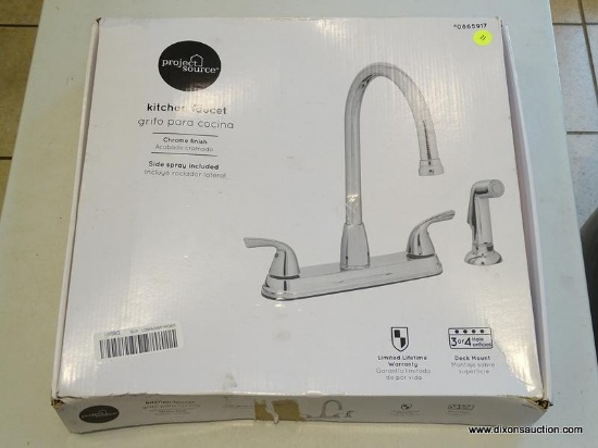 (R1) PROJECT SOURCE KITCHEN FAUCET WITH CHROME FINISH. FITS 3 OR 4 HOLE DECK MOUNT SINKS. ITEM