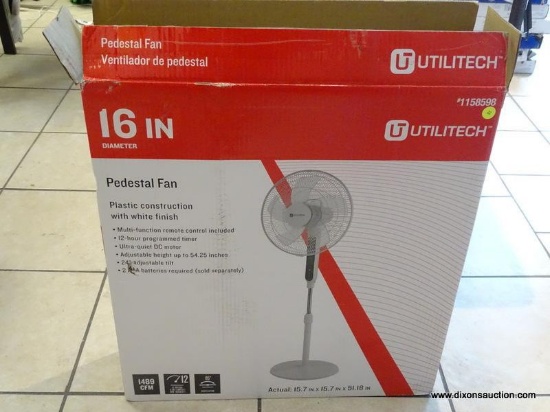 (R1) UTILITECH 16" DIA PEDESTAL FAN IN OPEN BOX. ITEM #1158598 ITEM IS SOLD AS IS WHERE IS WITH NO