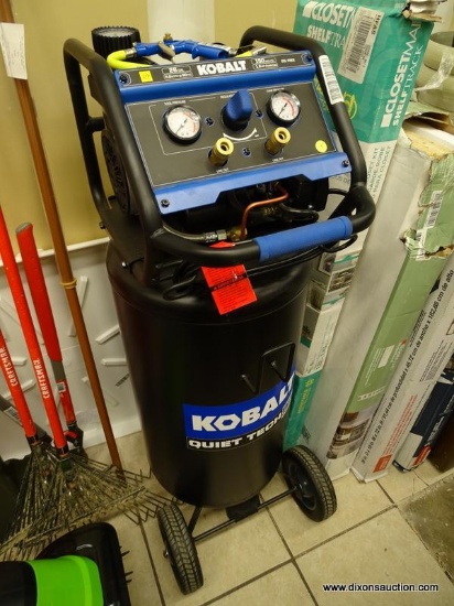 KOBALT 26 GALLON 150 MAX PSI AIR COMPRESSOR ON WHEELS. IS BLACK AND BLUE IN COLOR. ITEM IS SOLD AS