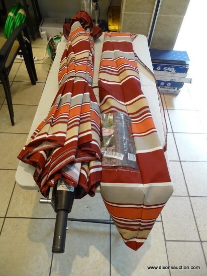 (R1) ALLEN & ROTH 9 FT RED STRIPED MARKET UMBRELLA. (HAS BEEN OPENED AND MAY OR MAY NOT BE MISSING