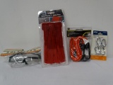 BRAND NEW HOOK & LOOP CABLE TIES, TOOL BENCH GLASSES, REPAIR LINKS AND RED STRETCH BUNGY CORDS. ITEM