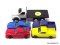 LOT OF 5 TOY CARS TO INCLUDE A RED AND A BLUE CAR, A YELLOW AND A PURPLE TRUCK, AND A ROLLBACK TOY