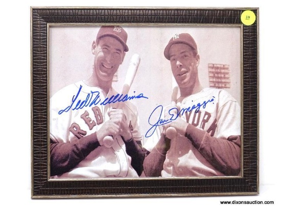SIGNED "WILLIAMS/DIMAGGIO" PHOTOGRAPH WITH COA. IS IN A GOLD TONE AND BROWN FRAME. MEASURES 11.5 IN