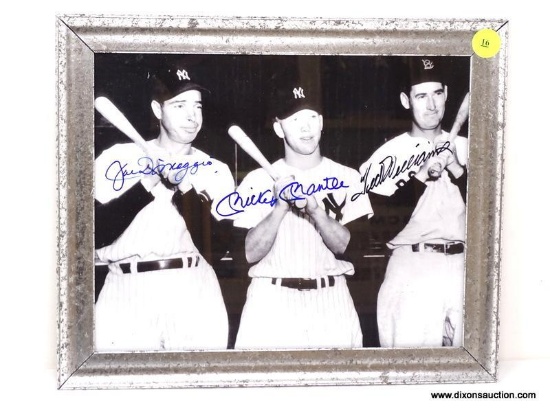 FRAMED AND SIGNED "WILLIAMS/MANTLE/DIMAGGIO" PHOTOGRAPH WITH SILVER TONE FRAME. HAS COA. MEASURES
