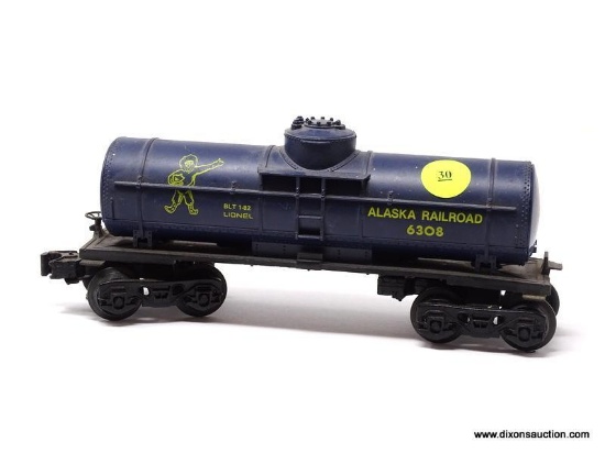 O GAUGE LIONEL TANK CAR "ALASKA RAILROAD" #6308. MEASURES 8.5 IN LONG. ITEM IS SOLD AS IS WHERE IS