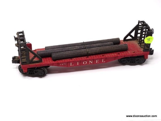 O GAUGE LIONEL BULKHEAD CAR WITH PIPES #6477. MEASURES 11 IN LONG. ITEM IS SOLD AS IS WHERE IS WITH