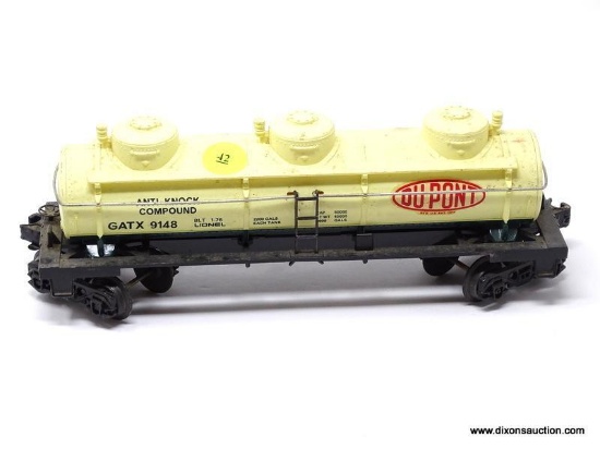 O GAUGE LIONEL GATX #9148 DUPONT 3 DOME TANK CAR. MEASURES 9.5 IN LONG. ITEM IS SOLD AS IS WHERE IS