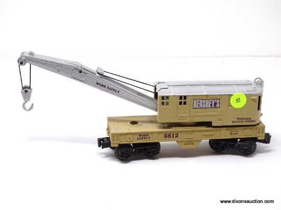 O GAUGE LIONEL HERSHEY'S SPECIAL DARK CHOCOLATE CRANE CAR. #6812. MEASURES 11 IN LONG. ITEM IS SOLD