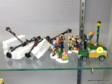 ASSORTED LOT OF HOLIDAY VILLAGE ITEMS TO INCLUDE VARIOUS FIGURINES, A STATION WAGON FIGURINE,