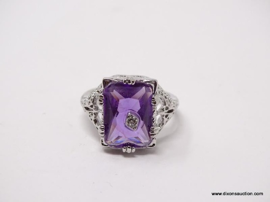 .925 STERLING SILVER LADIES 3 CT AMETHYST FILIGREE RING. SIZE 8.