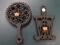 (R1) 2 PIECE CAST IRON TRIVET LOT. 1 HAS BROOMS AND 1 HAS CIRCLES. ITEM IS SOLD AS IS WHERE IS WITH