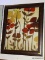 (R2) RED, YELLOW, AND BROWN FLORAL PRINT IN A BLACK FRAME. MEASURES 27 IN X 34 IN. ITEM IS SOLD AS