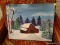 (R2) UNFRAMED OIL ON CANVAS OF A WINTER LANDSCAPE WITH A BARN AND FIR TREES DOTTING THE LAND.