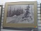 (R1) FRAMED PAINTING OF A PAIR OF SKIERS RACING DOWN A MOUNTAINSIDE WITH FIR TREES IN THE