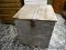 (R2) ANTIQUE WOODEN STORAGE BIN WITH METAL HARDWARE. MEASURES 22 IN X 22 IN X 24 IN. ITEM IS SOLD AS