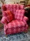 (R2) RED GEOMETRIC PATTERN UPHOLSTERED ARMCHAIR WITH MAHOGANY LEGS AND ROLLED ARMS. INCLUDES 2