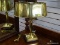 (R1) BRASS DOUBLE LIGHT LAMP WITH BRASS SHADE. NEEDS A FINIAL OR BOLT TO HOLD ON SHADE. MEASURES