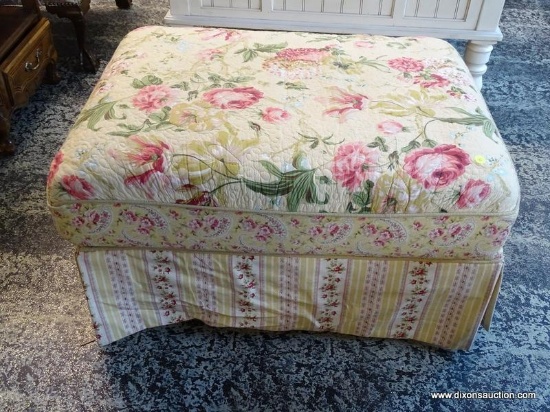 (R1) SAMUEL FREDERICK FINE FURNITURE CO. FLORAL UPHOLSTERED OTTOMAN. MEASURES 33 IN X 27 IN X 19 IN.