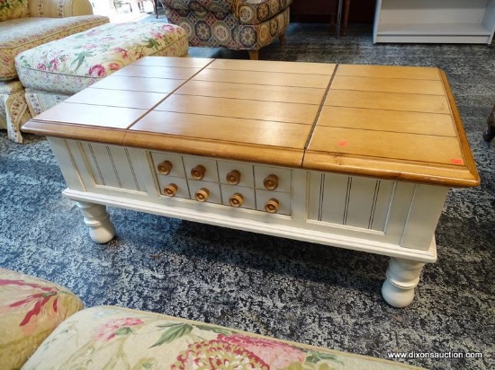 (R1) OAK AND WHITE PAINTED SINGLE DRAWER AND DOUBLE LIFT TOP COFFEE TABLE WITH INTERIOR STORAGE.