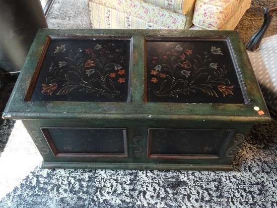 (R1) GREEN AND FLORAL PAINTED CHEST WITH ACANTHUS LEAF PAINTED ACCENTS AND SOLID GREEN PAINTED