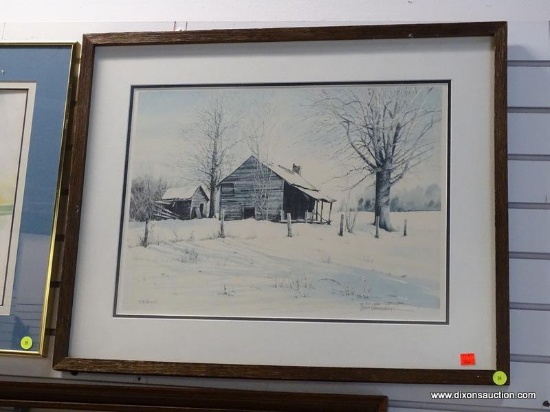 (R1) FRAMED AND DOUBLE MATTED WINTER LANDSCAPE PRINT. IS PENCIL SIGNED AND NUMBERED BY THE ARTIST