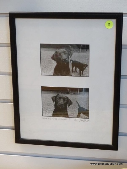 (R1) FRAMED LABRADOR PHOTOGRAPHS TITLED "WHICH WAY DID HE GO, GEORGE?". ARE PENCIL SIGNED BY THE
