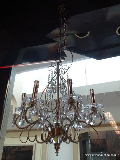 (R1) SILVER TONE AND CRYSTAL PRISM CHANDELIER. MEASURES 18 IN X 22 IN. ITEM IS SOLD AS IS WHERE IS