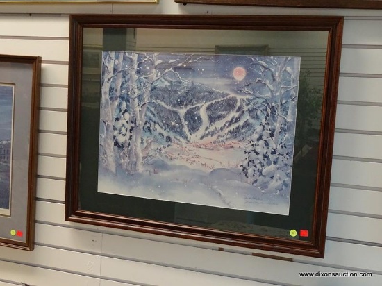 (R1) FRAMED WINTER LANDSCAPE SCENE WITH A DEER OVERLOOKING A SMALL VILLAGE IN THE DISTANCE WITH