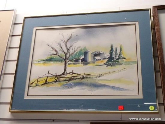 (R1) FRAMED WATERCOLOR OF A FARMSCAPE WITH BARNS IN THE BACKGROUND. IS IN HUES OF GREEN, YELLOW,