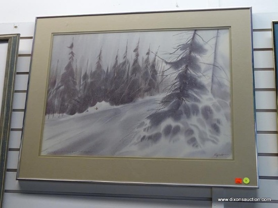 (R1) FRAMED PAINTING OF A PAIR OF SKIERS RACING DOWN A MOUNTAINSIDE WITH FIR TREES IN THE