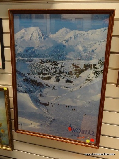 (R1) FRAMED AVORIAZ SKI RESORT PHOTOGRAPH. IS IN A MAHOGANY FRAME AND MEASURES 21 IN X 29 IN. ITEM