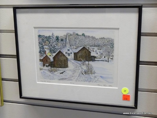 (R1) FRAMED WINTER LANDSCAPE SCENE "VILLAGE SNOW". IS SIGNED BY THE ARTIST FROM 2002 AND NUMBERED 49