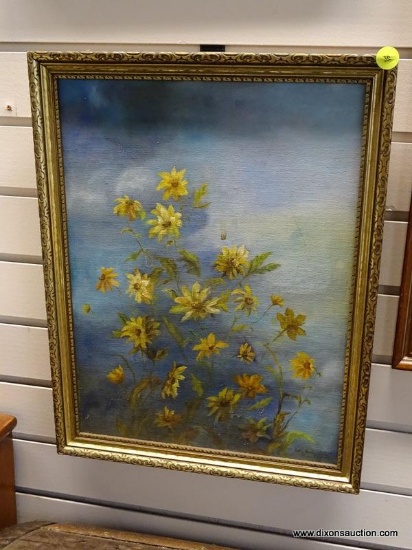 (R1) FRAMED OIL ON CANVAS OF YELLOW DAISIES ON A BLUE BACKGROUND. IS IN A GOLD TONE FRAME AND