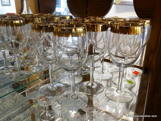 (R1) SET OF 11 GOLD RIMMED WINE GLASSES. ITEM IS SOLD AS IS, WHERE IS, WITH NO GUARANTEE OR