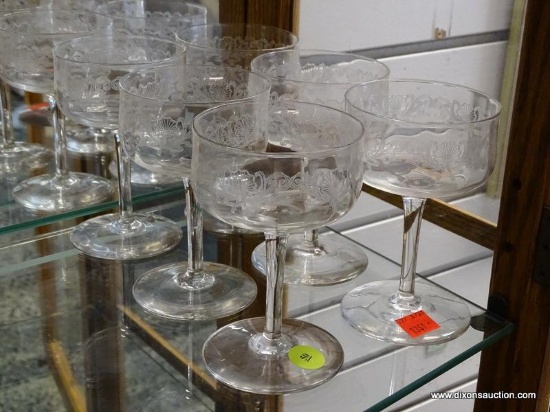 (R1) SET OF 6 ETCHED GLASS SHERRY GLASSES. ITEM IS SOLD AS IS, WHERE IS, WITH NO GUARANTEE OR