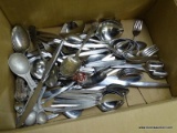 (R1) SMALL BOX LOT OF ASSORTED FLATWARE TO INCLUDE FORKS, KNIVES, AND SPOONS. ITEM IS SOLD AS IS