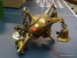 (R1) ANTIQUE BRASS CHANDELIER STYLE LAMP WITH 4 BULB HOLDING AREAS. MEASURES 17 IN X 12 IN. ITEM IS