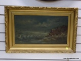 (R1) ANTIQUE OIL ON BOARD OF A SEASCAPE WITH CLIFFS ALONG THE SHORELINE. IS IN A GOLD TONE FRAME AND