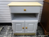 (R1) LIGHT WOOD FINISH AND WHITE PAINTED CABINET WITH 1 DRAWER OVER AN OPEN STORAGE AREA OVER 2