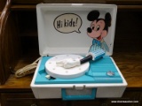 (R1) GE MICKEY MOUSE THEMED PORTABLE TURNTABLE IN CASE. ITEM IS SOLD AS IS WHERE IS WITH NO