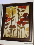 (R2) RED, YELLOW, AND BROWN FLORAL PRINT IN A BLACK FRAME. MEASURES 27 IN X 34 IN. ITEM IS SOLD AS