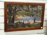 (R2) FRAMED PHOTOGRAPH OF A BRIDGE BY A POND. IS IN A MAHOGANY FRAME AND MEASURES 19 IN X 13 IN.