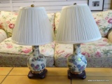 (R1) PAIR OF BUTTERFLY THEMED ORIENTAL STYLE LAMPS WITH SHADES AND ROSEWOOD BASES. EACH MEASURES