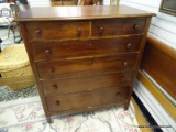 (R2) ANTIQUE 6 DRAWER TALL CHEST WITH WOODEN KNOB STYLE PULLS. MEASURES 42 IN X 24 IN X 47 IN. ITEM