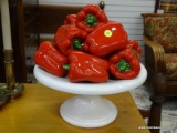 (R2) SET OF DECORATIVE ARTIFICIAL RED BELL PEPPERS ON ATTACHED WHITE BASE. ITEM IS SOLD AS IS WHERE