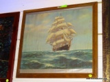 (R2) FRAMED PRINT OF A SAILING SHIP OUT AT SEA AMONGST THE WAVES. IS IN A PINE FRAME AND MEASURES 21