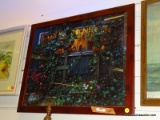 (R2) FRAMED GARDEN PRINT WITH ROSES AND IVY GROWING AROUND A WINDOWSILL. IS IN A CHERRY FRAME AND